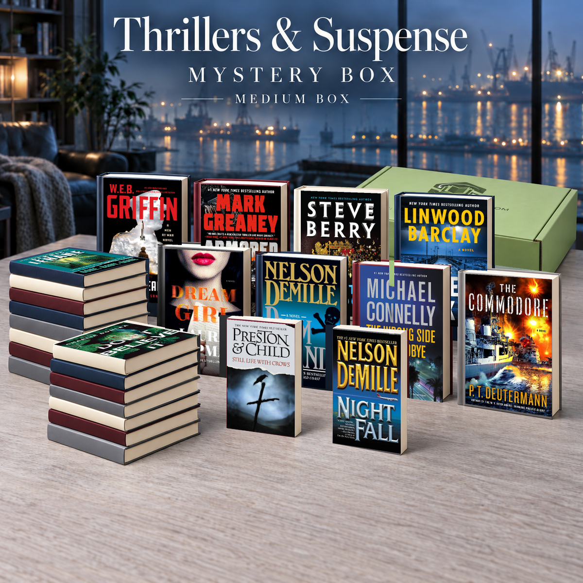 Thrillers & Suspense medium mystery box with example books. Titles and quantities vary.
