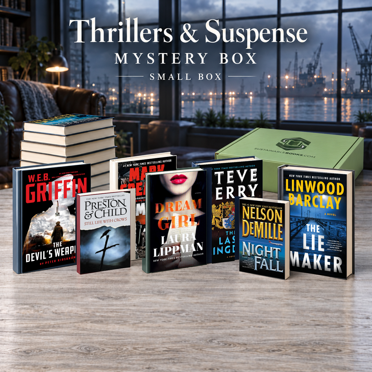 Thrillers & Suspense small mystery box with example books. Titles and quantities vary.