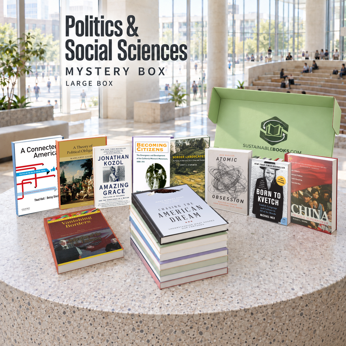 Politics & Social Sciences large mystery box with example books. Titles and quantities vary.