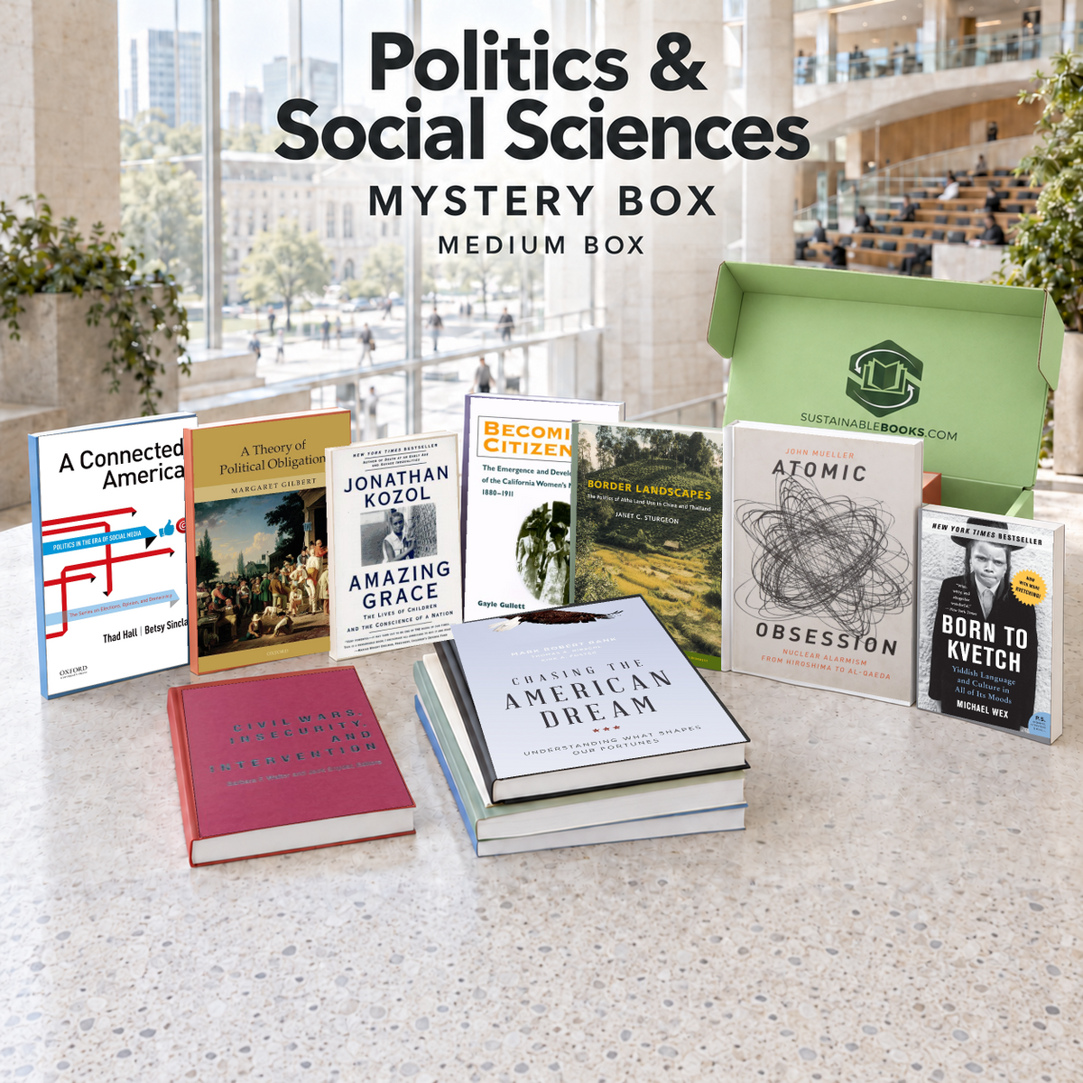 Politics & Social Sciences medium mystery box with example books. Titles and quantities vary.