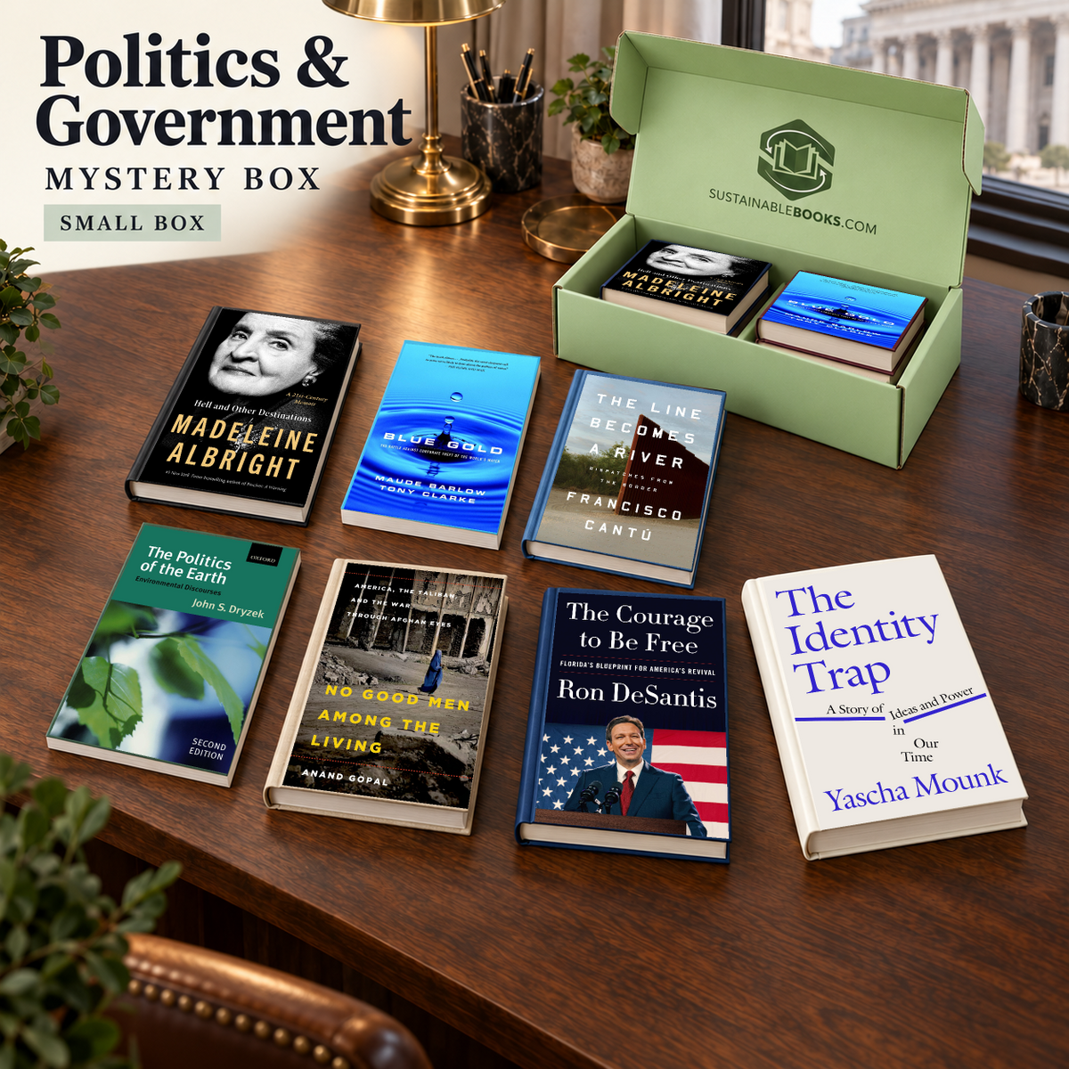 Politics & Government small mystery box with example books. Titles and quantities vary.