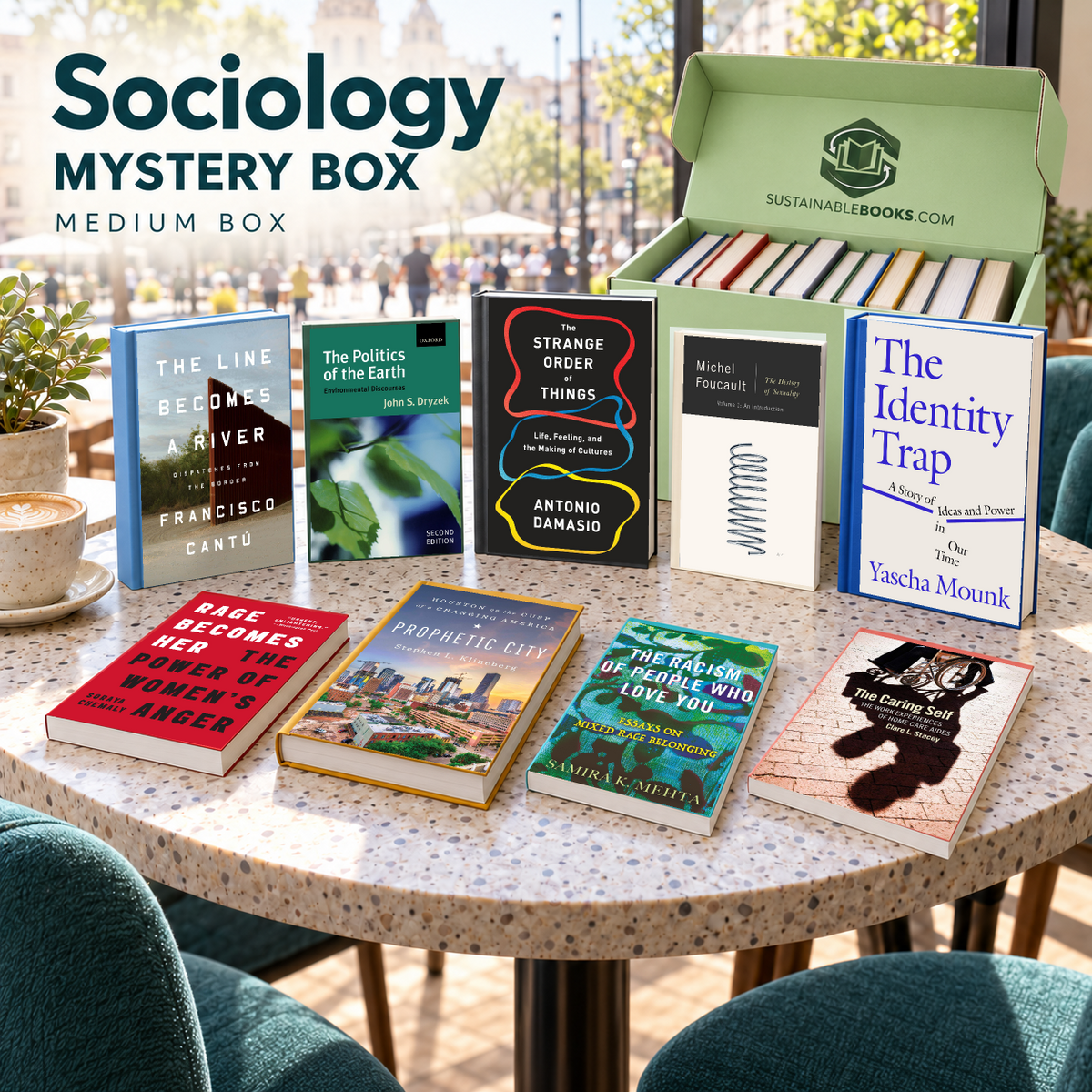 Sociology medium mystery box with example books. Titles and quantities vary.