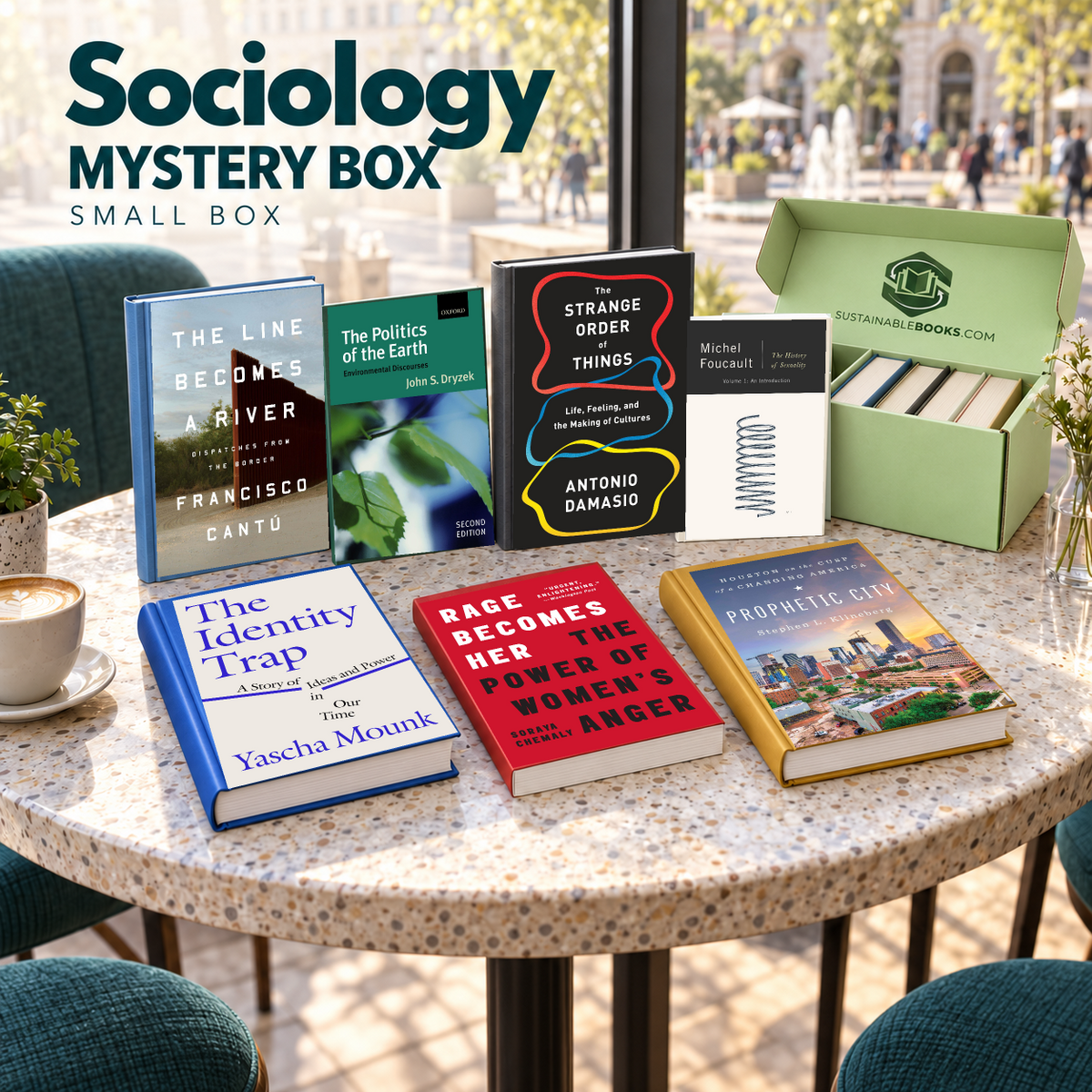 Sociology small mystery box with example books. Titles and quantities vary.
