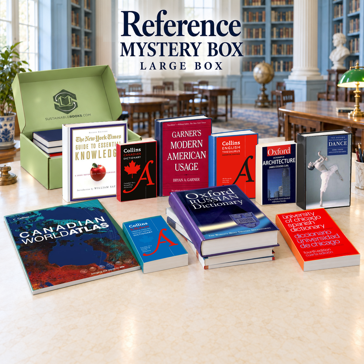 Reference large mystery box with example books. Titles and quantities vary.