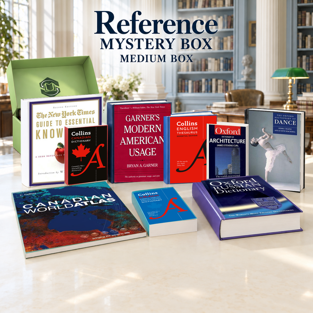 Reference medium mystery box with example books. Titles and quantities vary.
