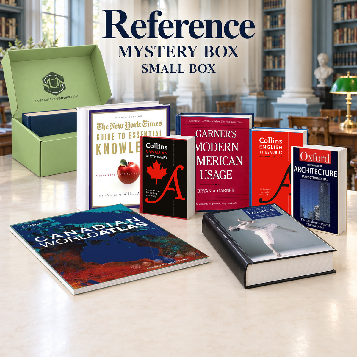 Reference small mystery box with example books. Titles and quantities vary.