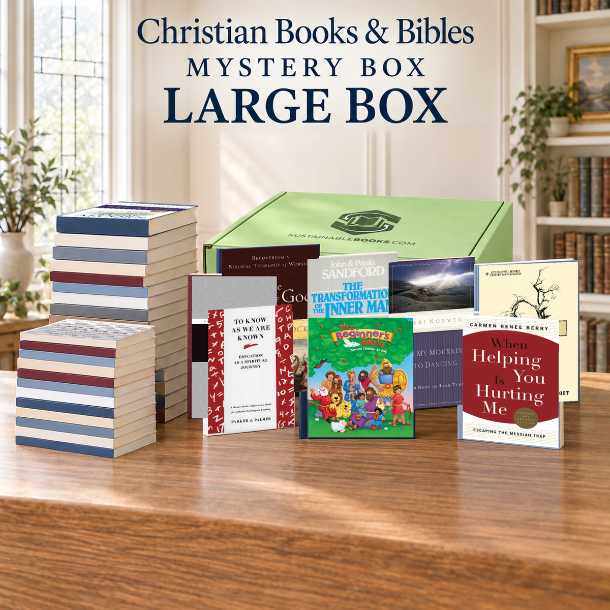 Christian Books & Bibles large mystery box with example books. Titles and quantities vary.
