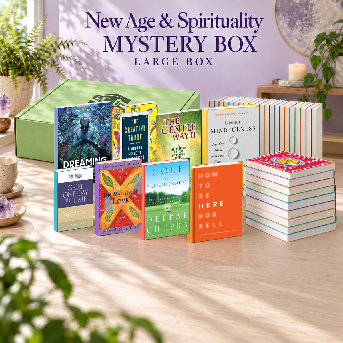 New Age & Spirituality large mystery box with example books. Titles and quantities vary.