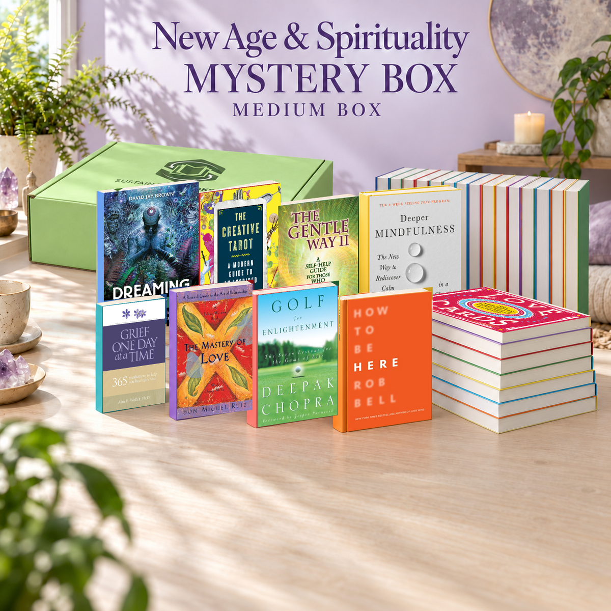 New Age & Spirituality medium mystery box with example books. Titles and quantities vary.