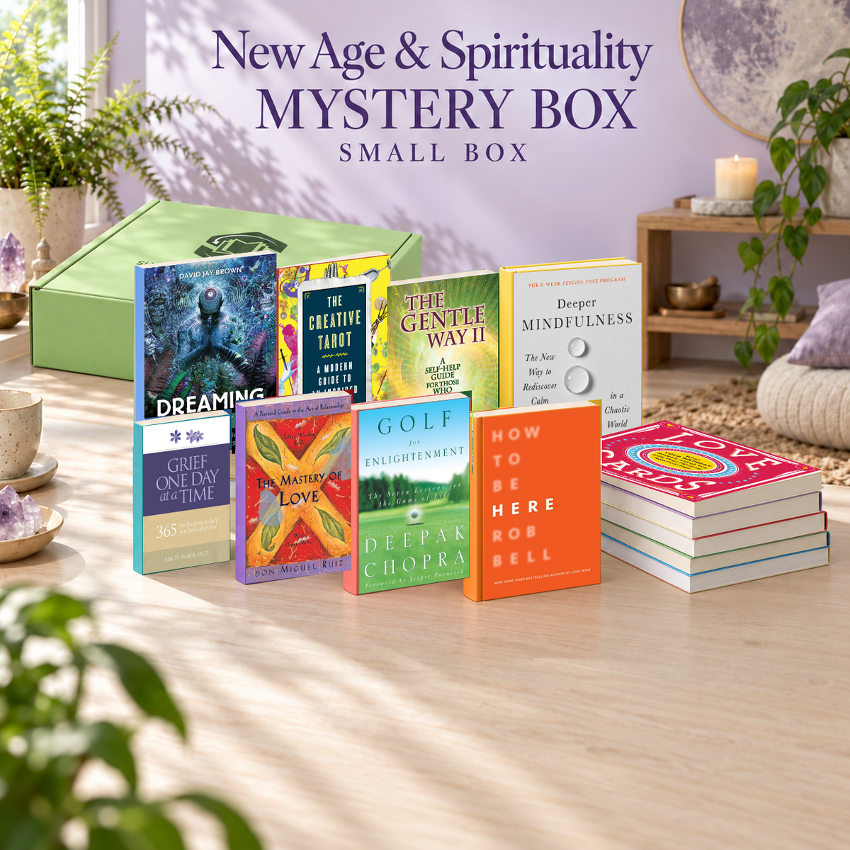 New Age & Spirituality small mystery box with example books. Titles and quantities vary.