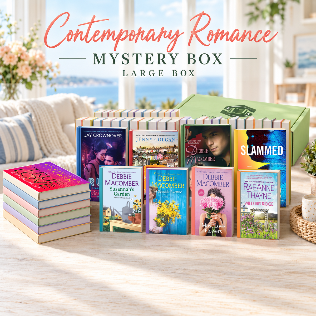 Contemporary Romance large mystery box with example books. Titles and quantities vary.