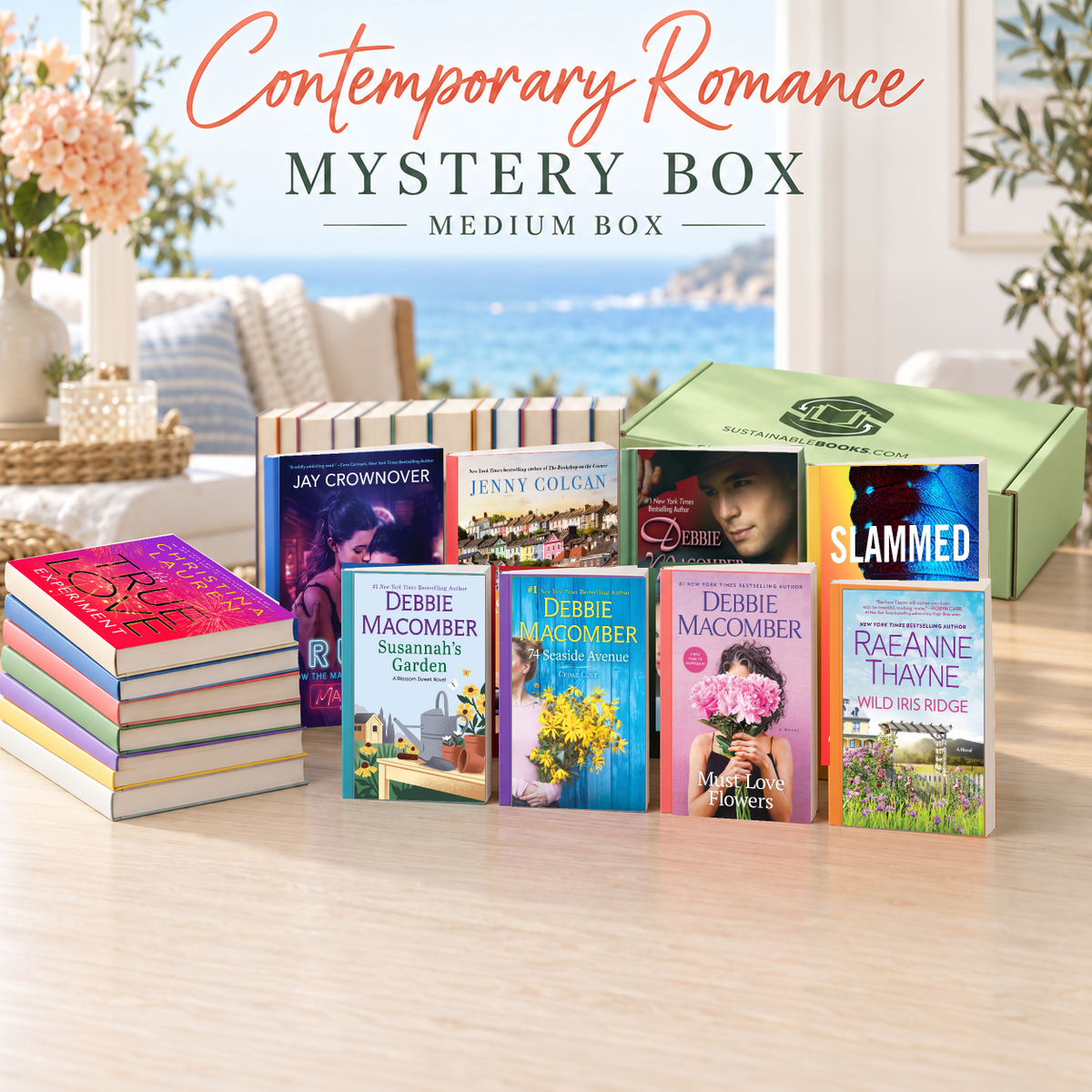 Contemporary Romance medium mystery box with example books. Titles and quantities vary.