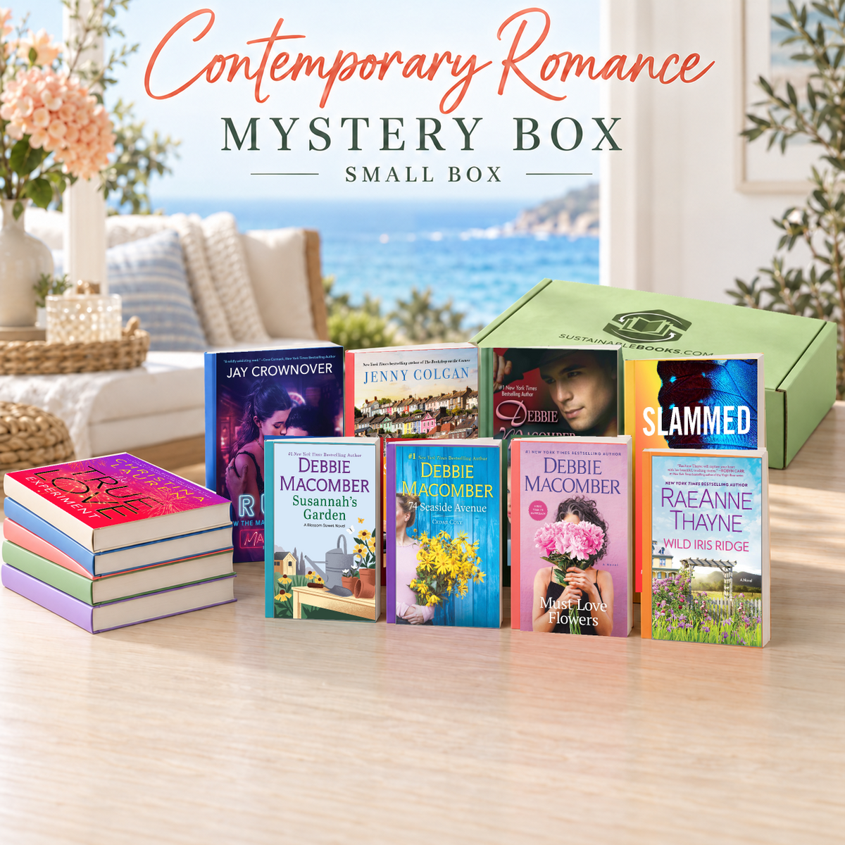 Contemporary Romance small mystery box with example books. Titles and quantities vary.