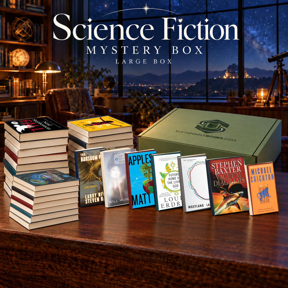 Science Fiction large mystery box with example books. Titles and quantities vary.