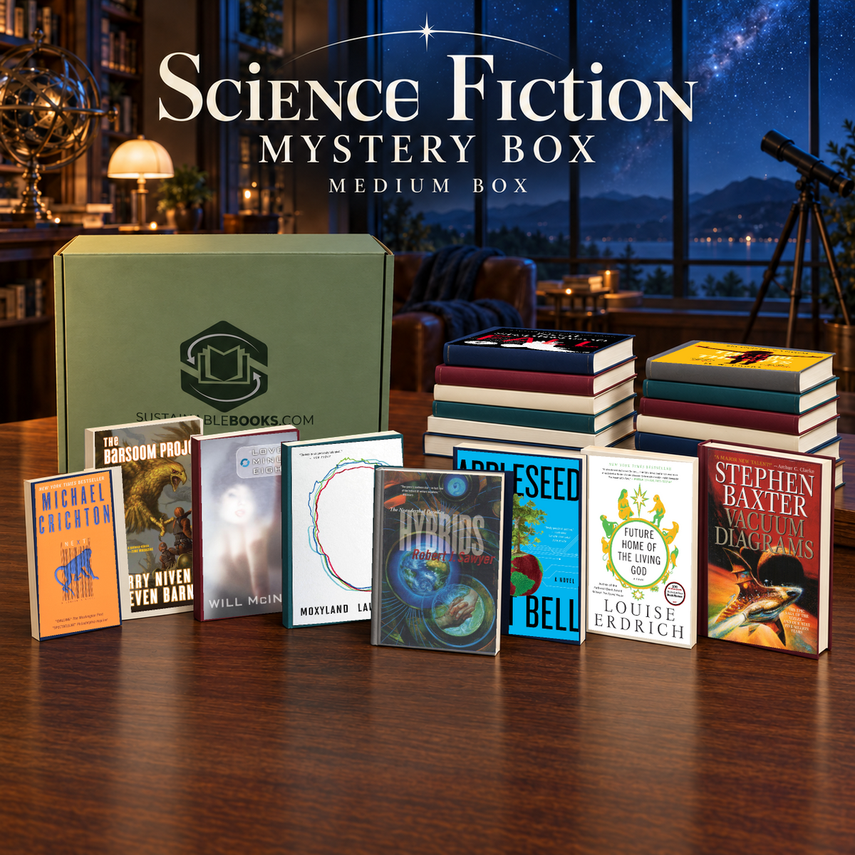 Science Fiction medium mystery box with example books. Titles and quantities vary.
