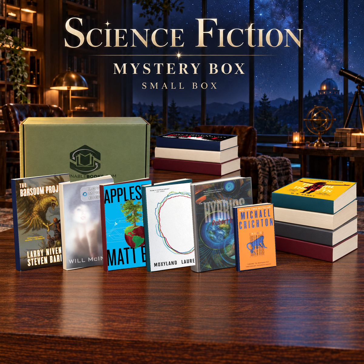 Science Fiction small mystery box with example books. Titles and quantities vary.