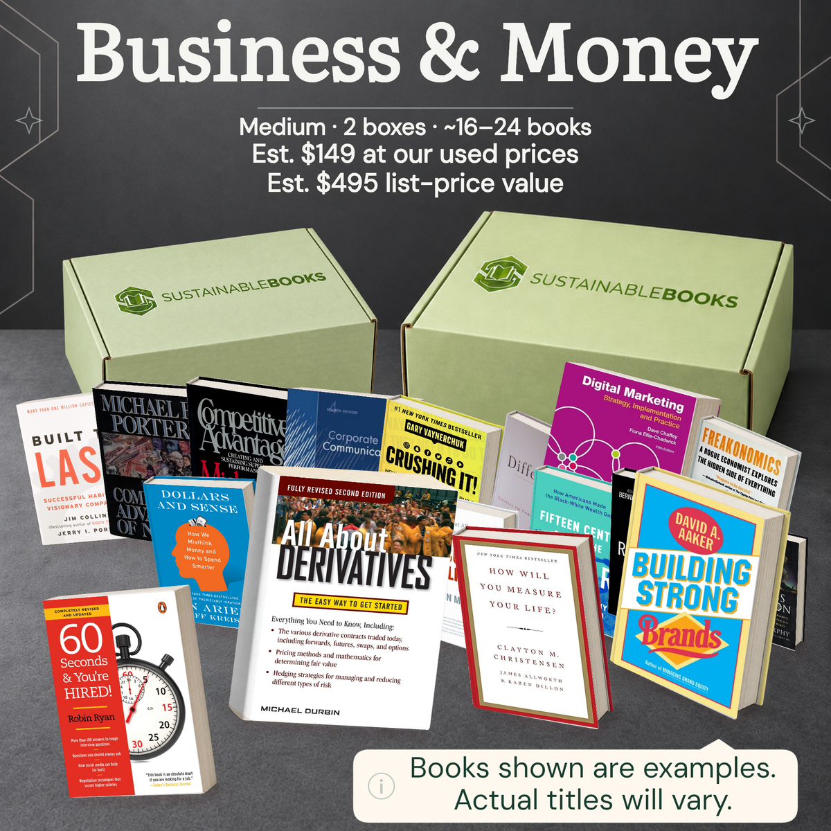 Business & Money — Medium mystery box. Example books; titles and count vary.