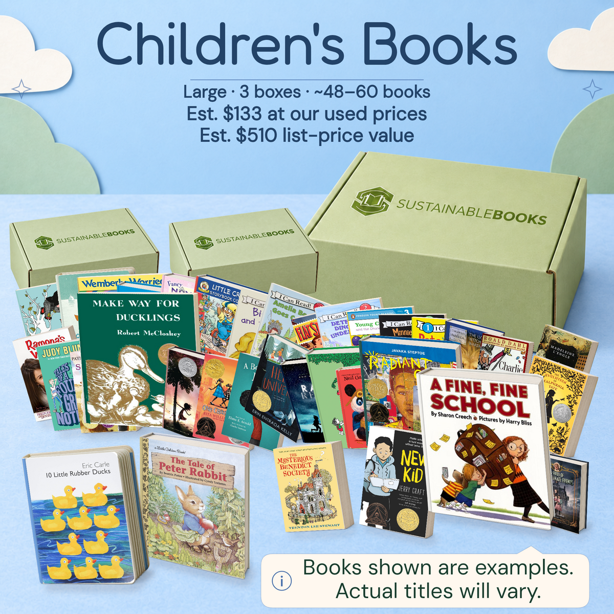 Children's Books — Large mystery box. Example books; titles and count vary.