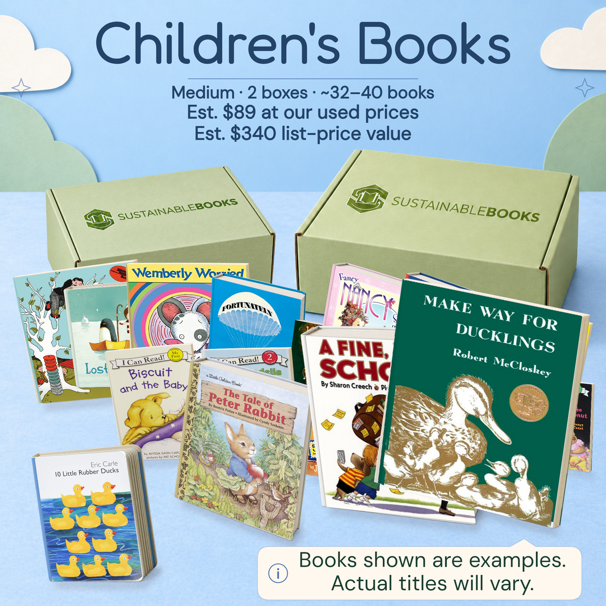 Children's Books — Medium mystery box. Example books; titles and count vary.