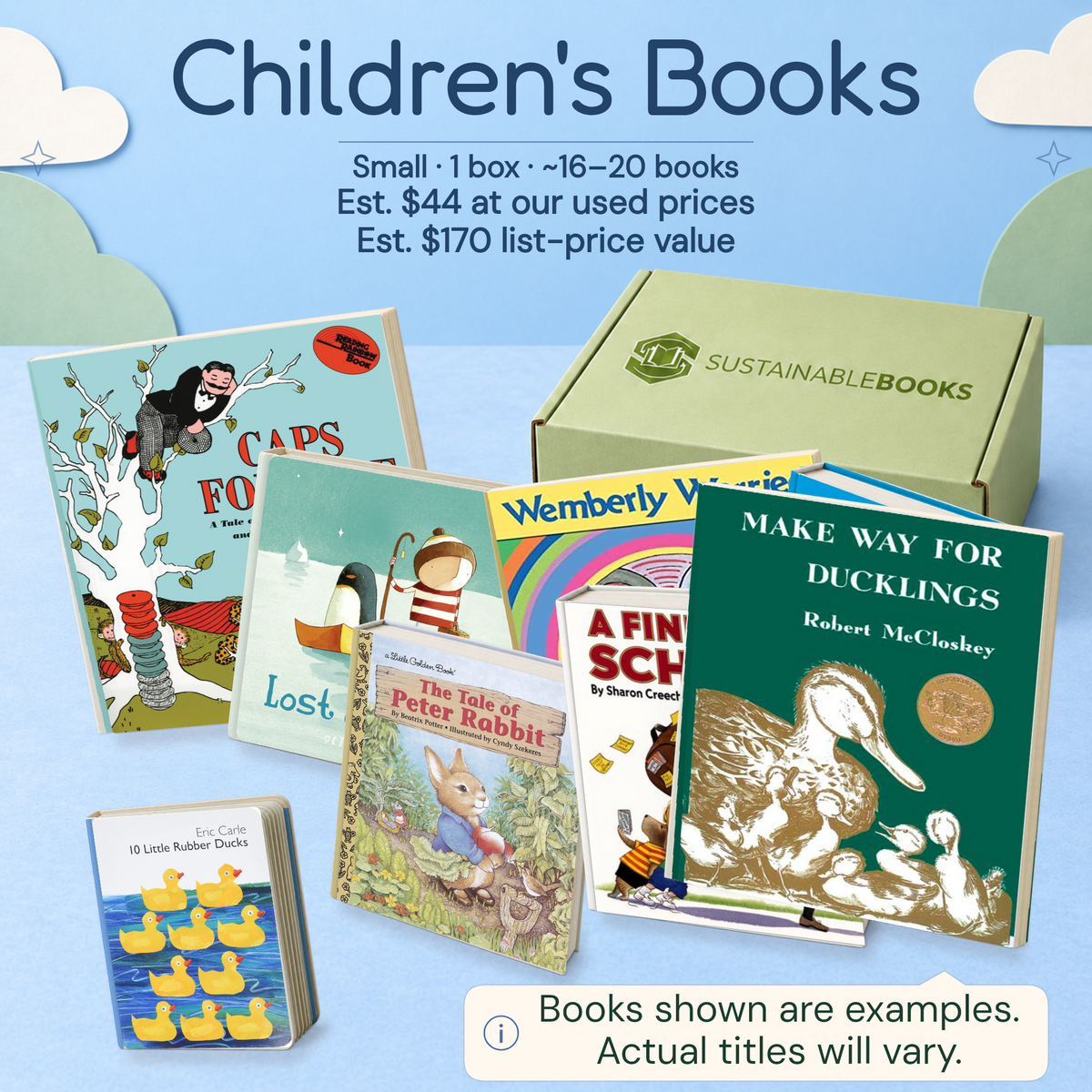 Children's Books — Small mystery box. Example books; titles and count vary.
