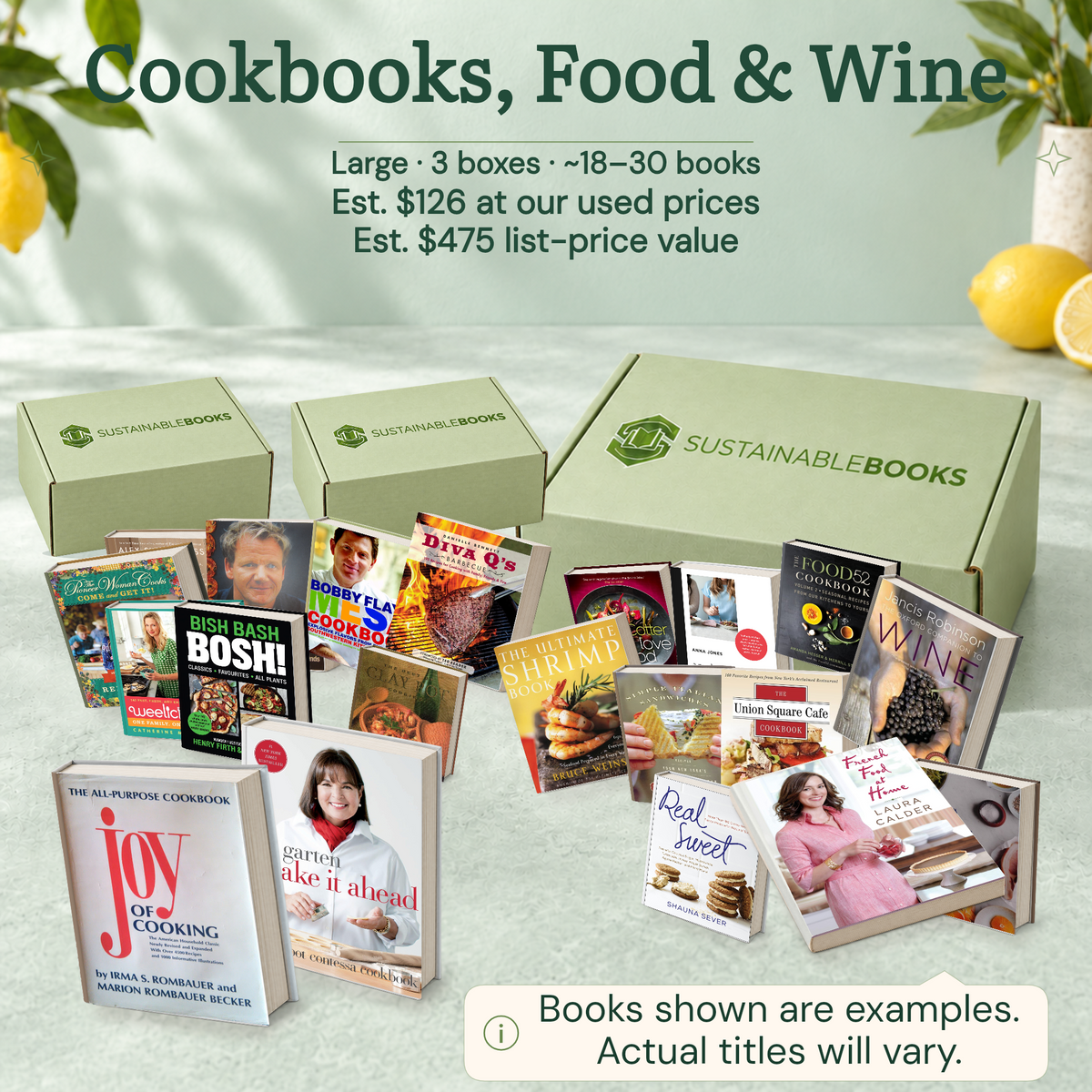 Cookbooks, Food & Wine — Large mystery box. Example books; titles and count vary.