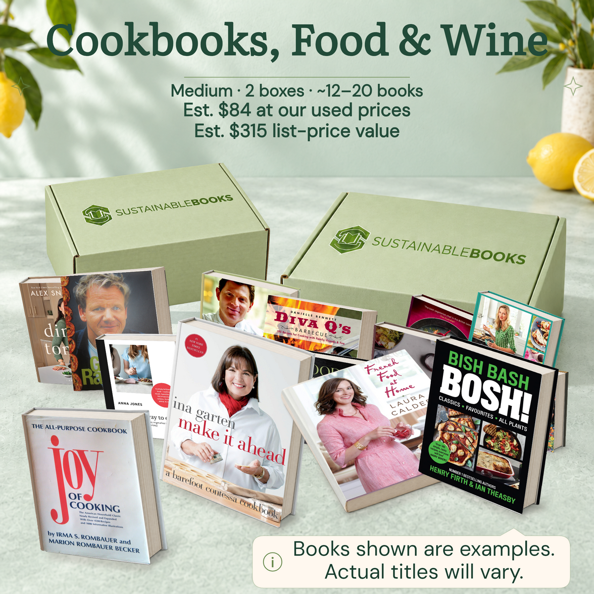 Cookbooks, Food & Wine — Medium mystery box. Example books; titles and count vary.