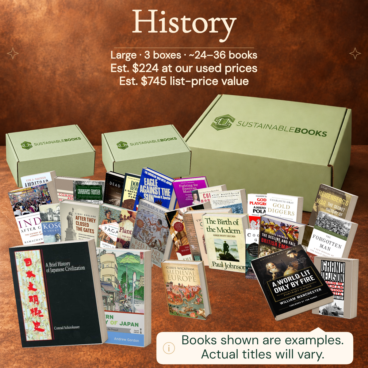 History — Large mystery box. Example books; titles and count vary.