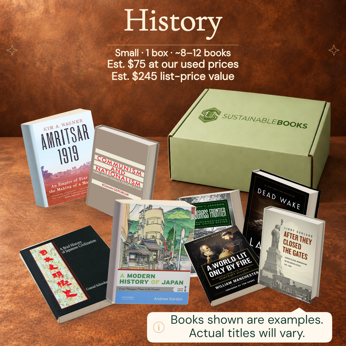 History — Small mystery box. Example books; titles and count vary.