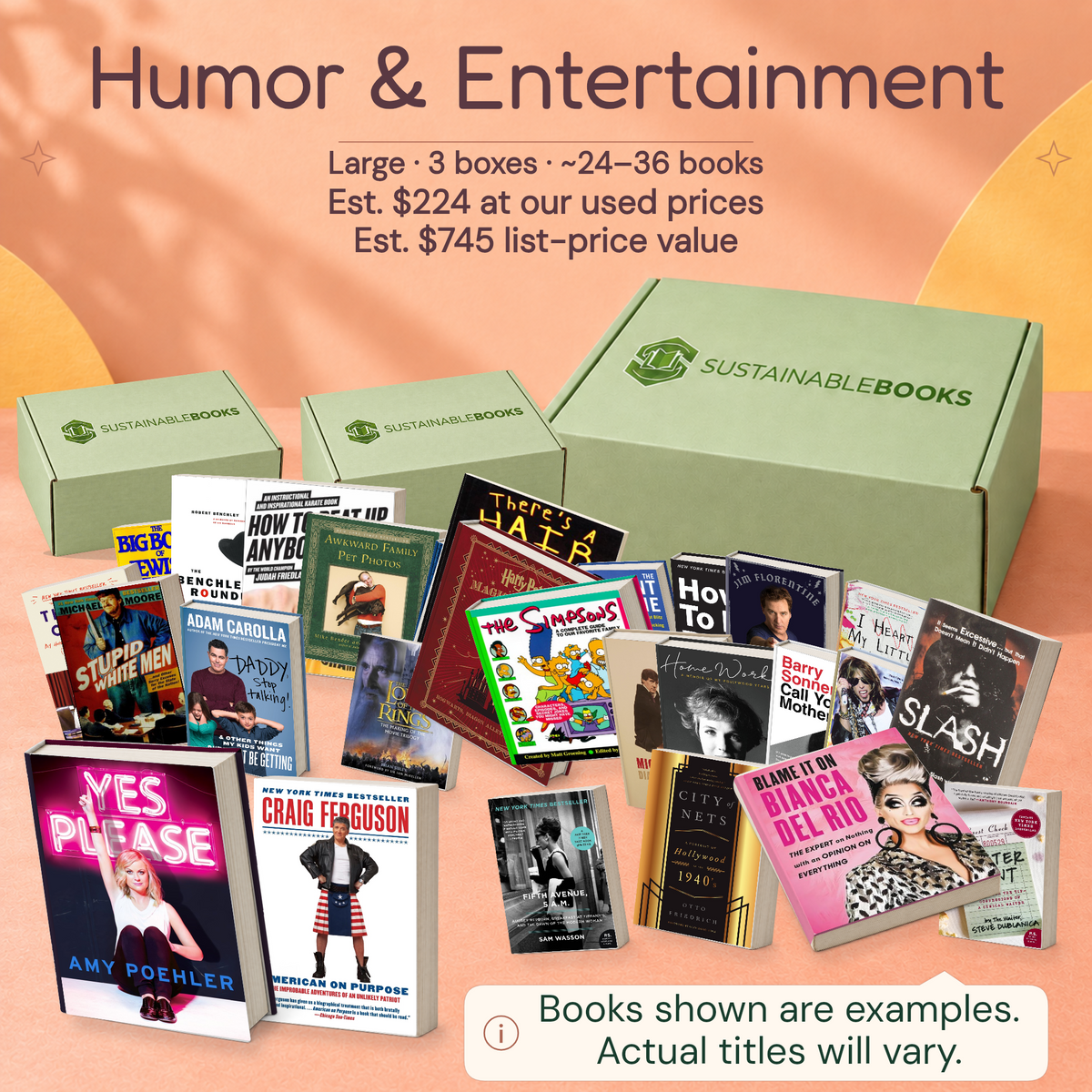 Humor & Entertainment — Large mystery box. Example books; titles and count vary.