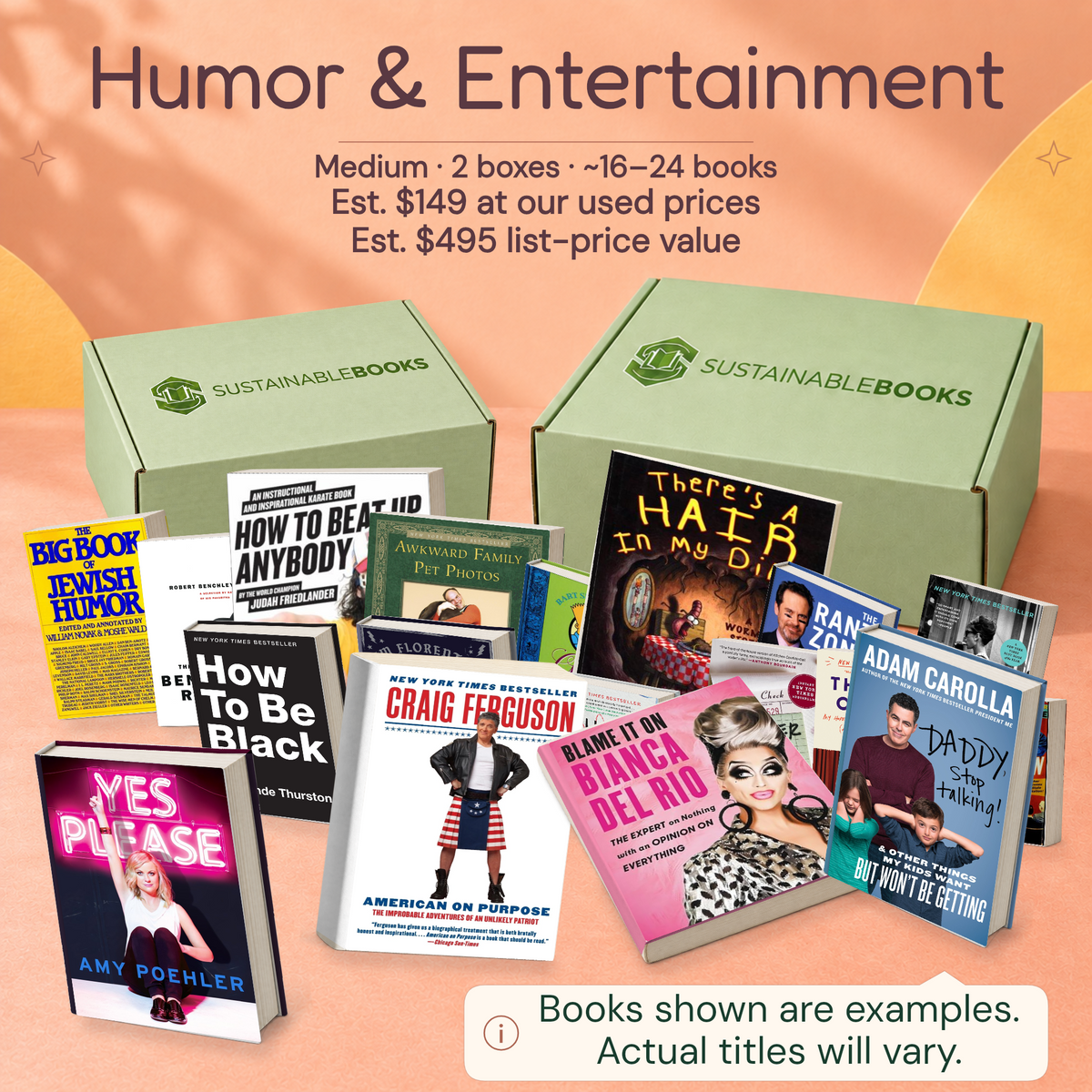 Humor & Entertainment — Medium mystery box. Example books; titles and count vary.