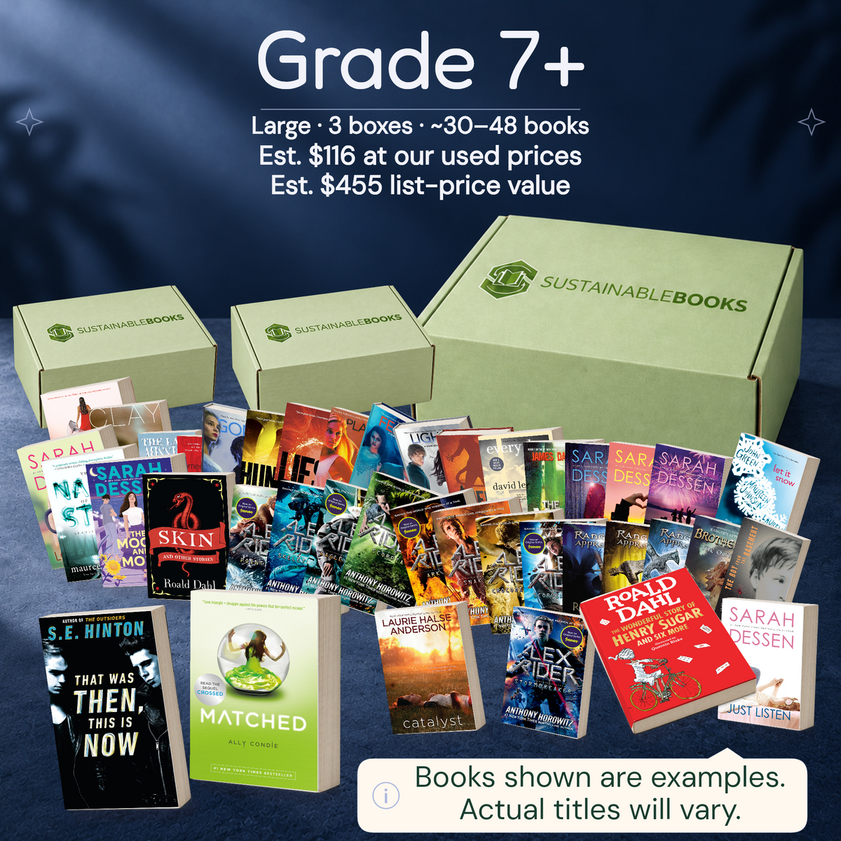 Grade 7+ — Large mystery box. Example books; titles and count vary.