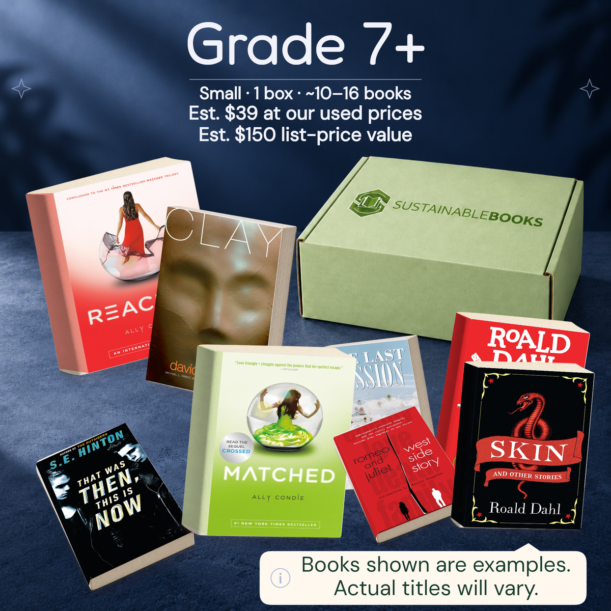 Grade 7+ — Small mystery box. Example books; titles and count vary.