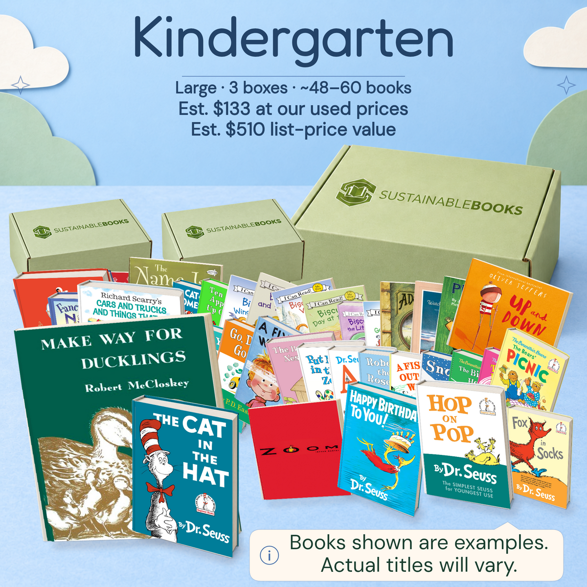 Kindergarten — Large mystery box. Example books; titles and count vary.
