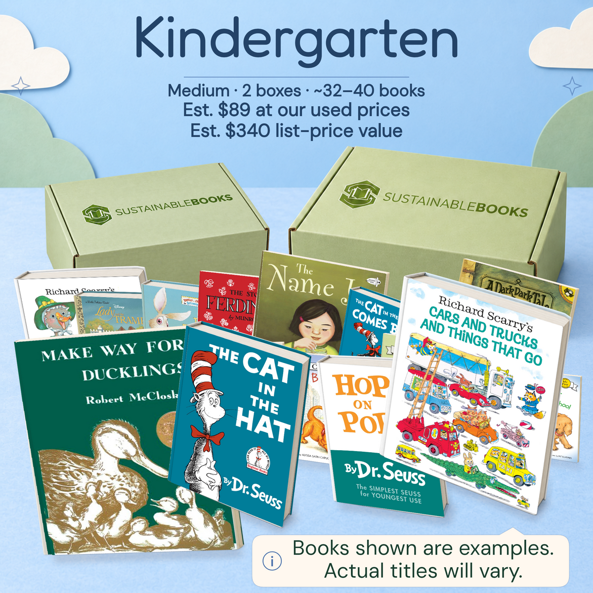 Kindergarten — Medium mystery box. Example books; titles and count vary.