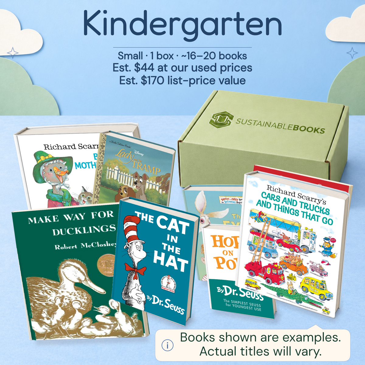 Kindergarten — Small mystery box. Example books; titles and count vary.