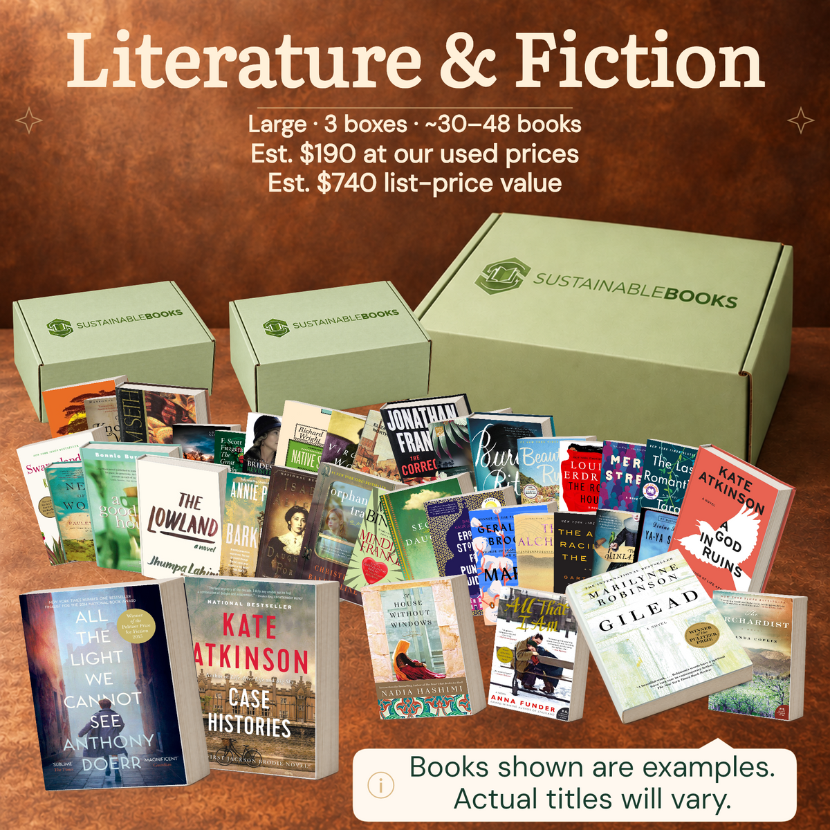 Literature & Fiction — Large mystery box. Example books; titles and count vary.