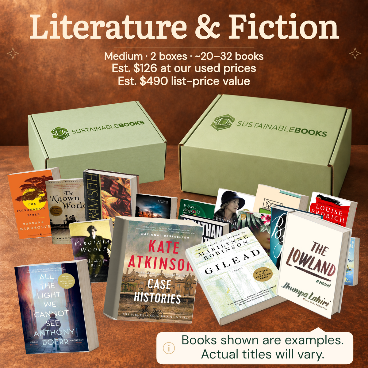 Literature & Fiction — Medium mystery box. Example books; titles and count vary.