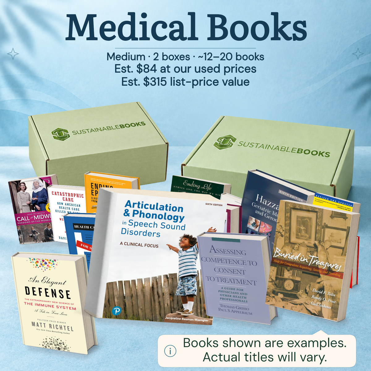 Medical Books — Medium mystery box. Example books; titles and count vary.