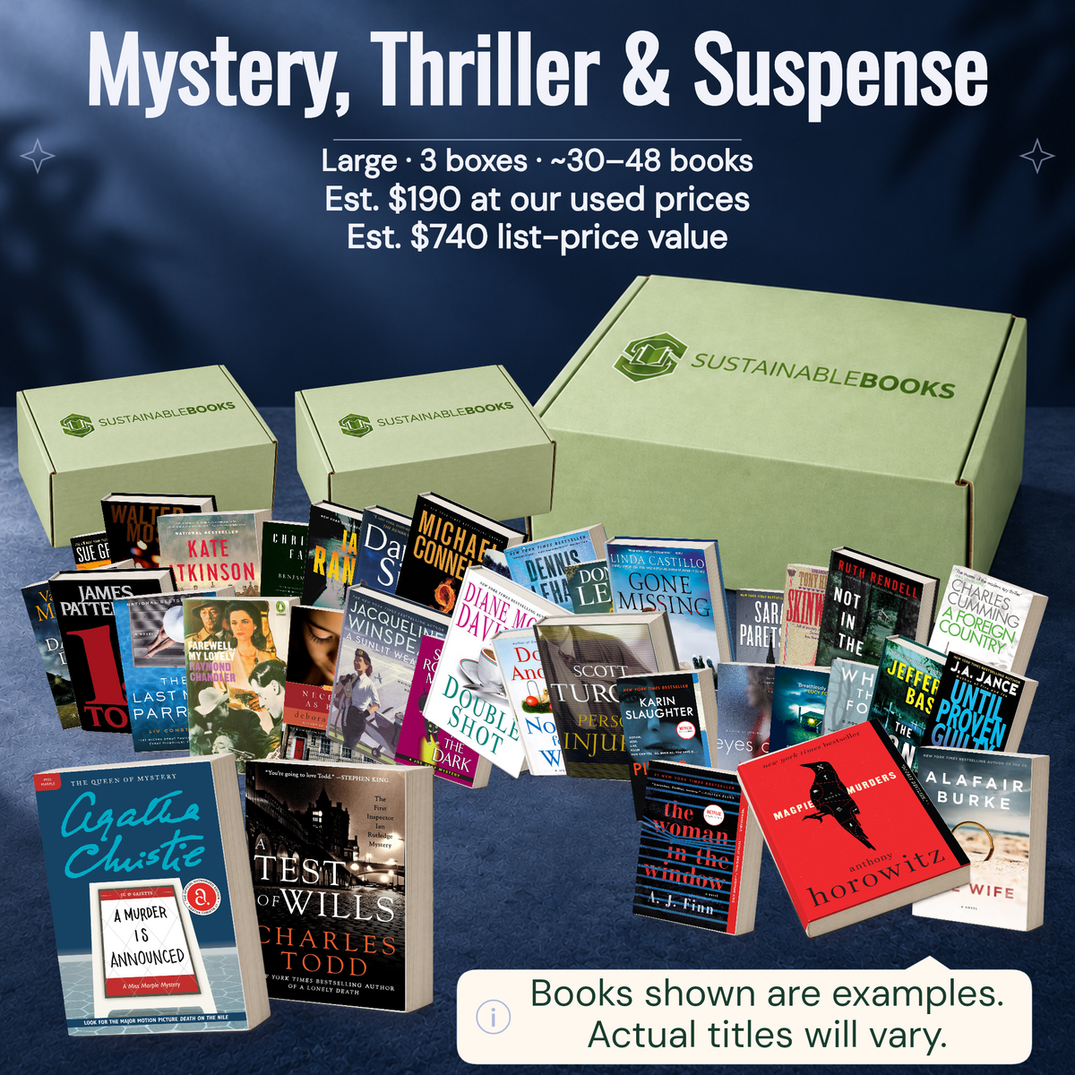 Mystery, Thriller & Suspense — Large mystery box. Example books; titles and count vary.