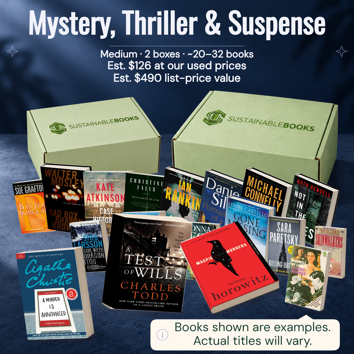 Mystery, Thriller & Suspense — Medium mystery box. Example books; titles and count vary.
