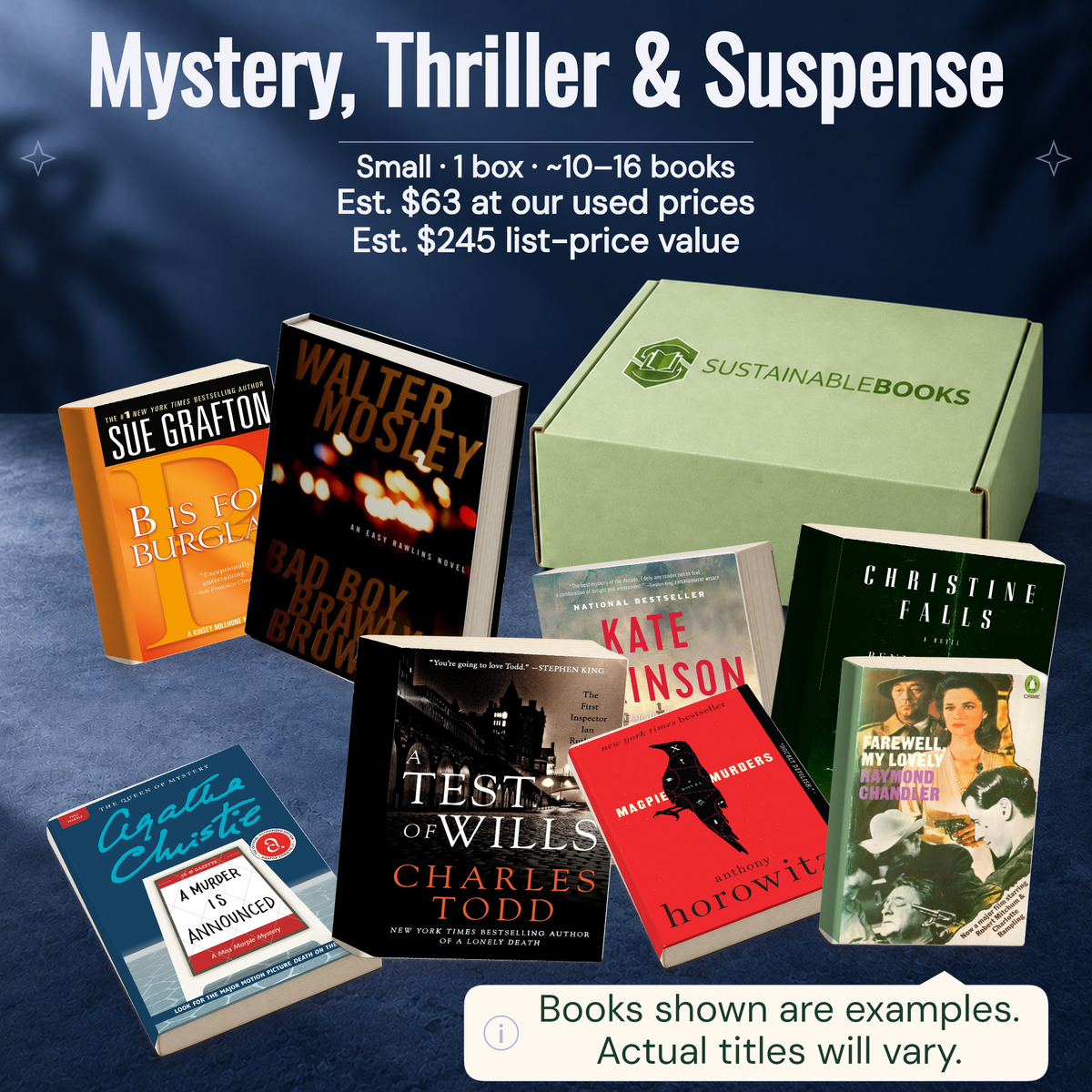 Mystery, Thriller & Suspense — Small mystery box. Example books; titles and count vary.