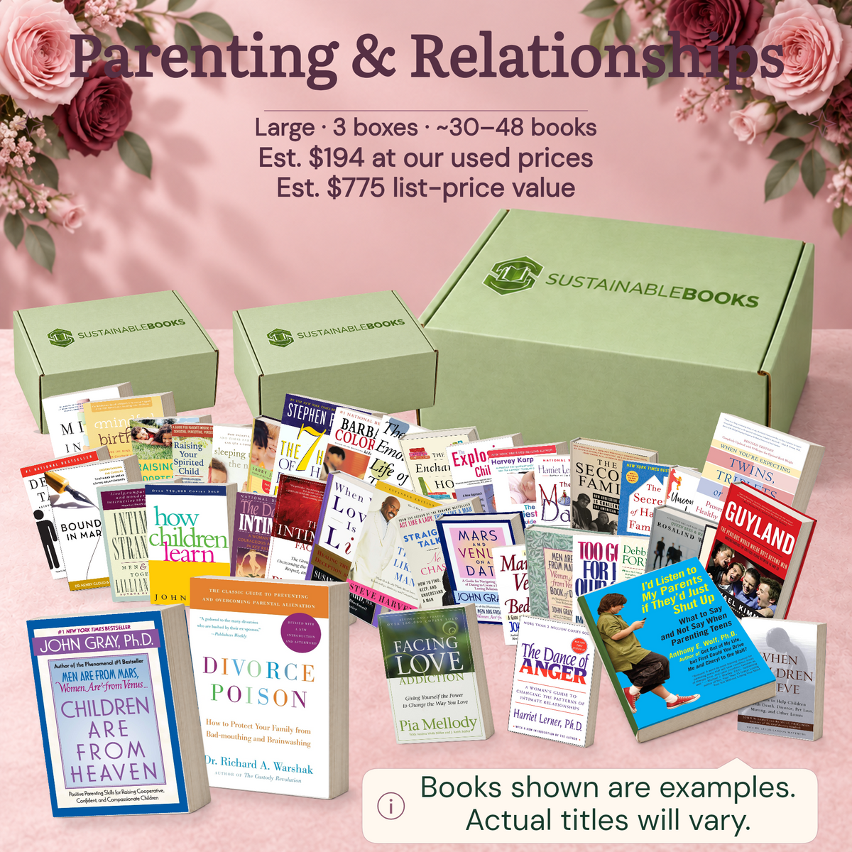 Parenting & Relationships — Large mystery box. Example books; titles and count vary.
