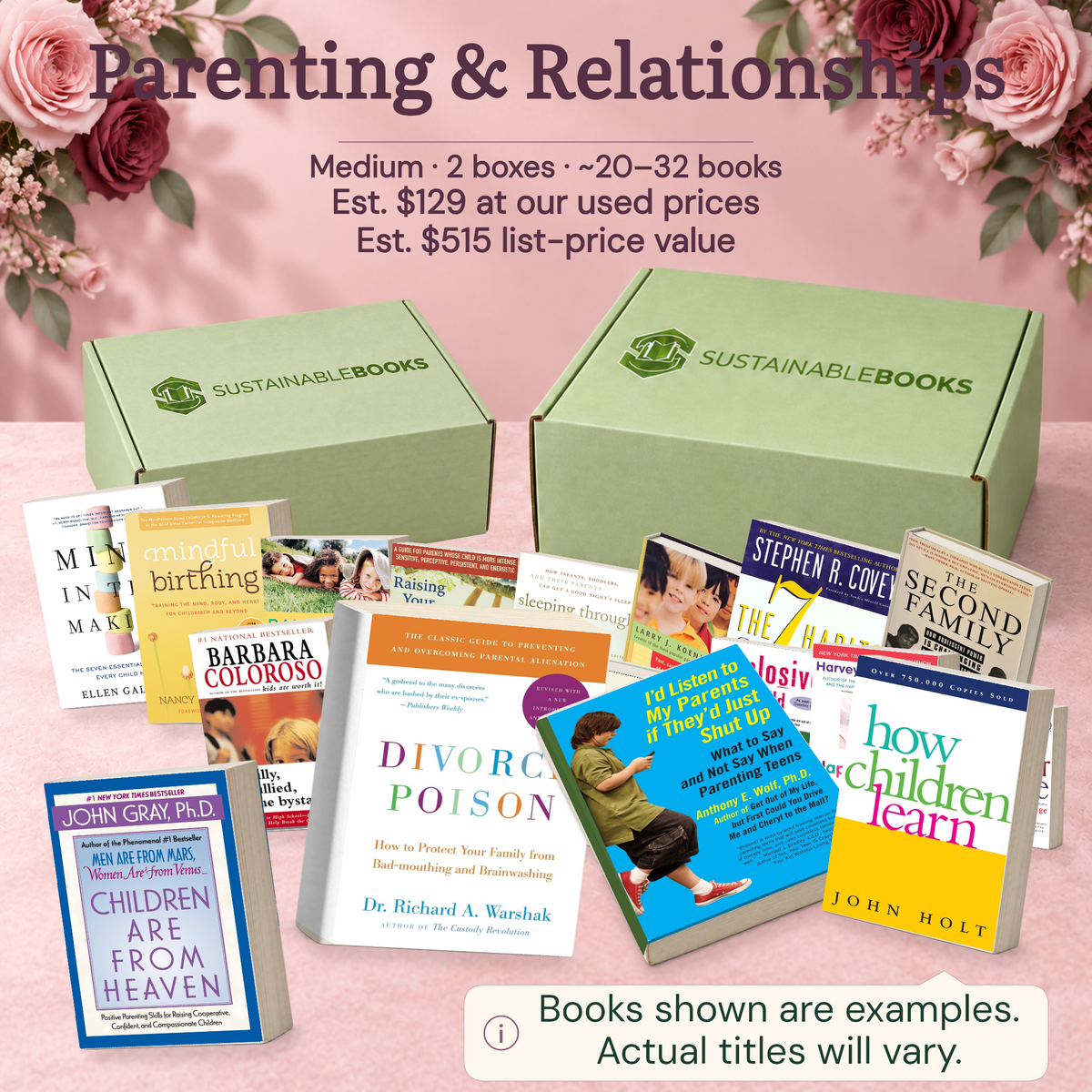 Parenting & Relationships — Medium mystery box. Example books; titles and count vary.