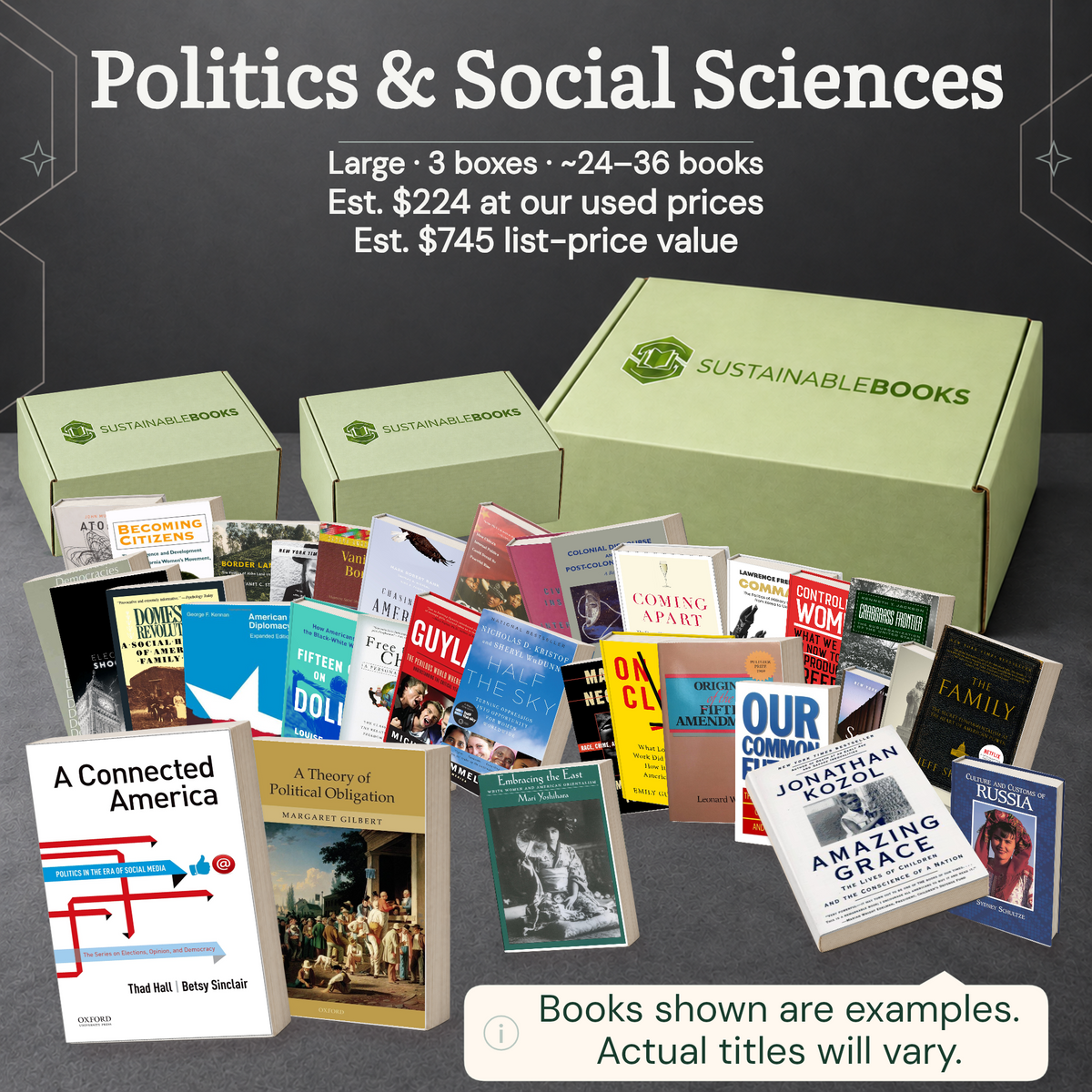 Politics & Social Sciences — Large mystery box. Example books; titles and count vary.