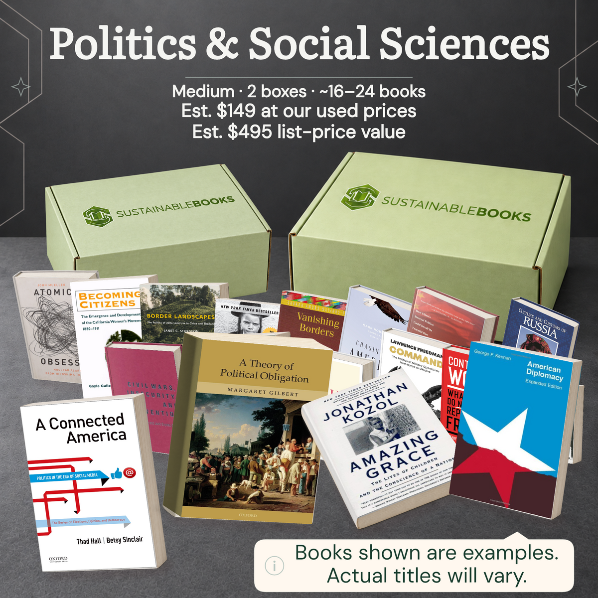 Politics & Social Sciences — Medium mystery box. Example books; titles and count vary.
