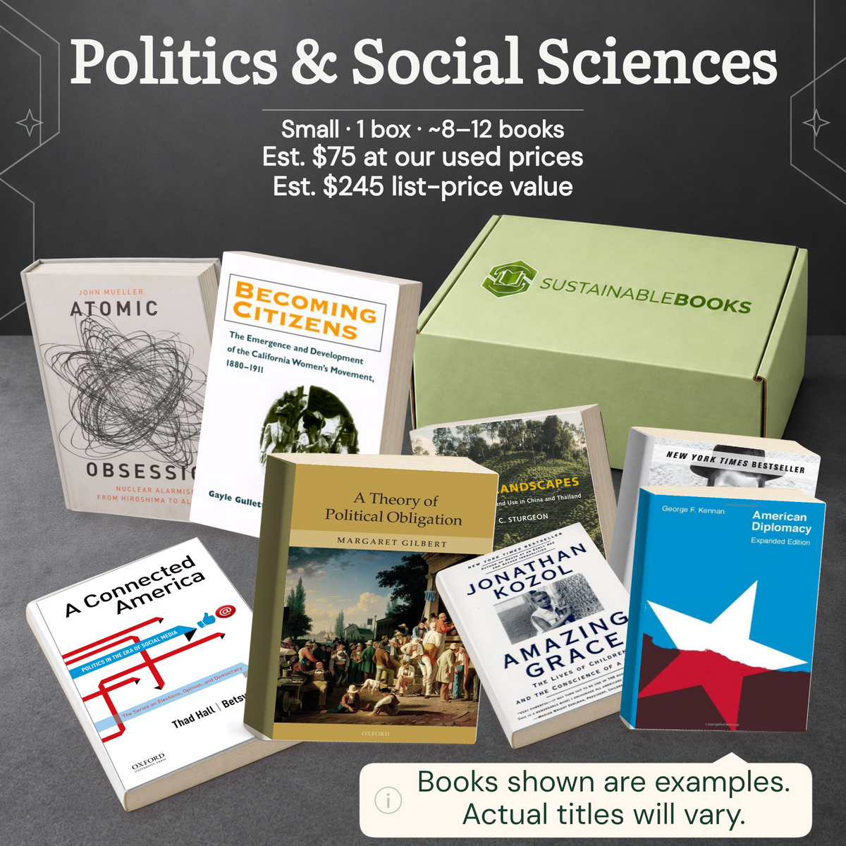 Politics & Social Sciences — Small mystery box. Example books; titles and count vary.