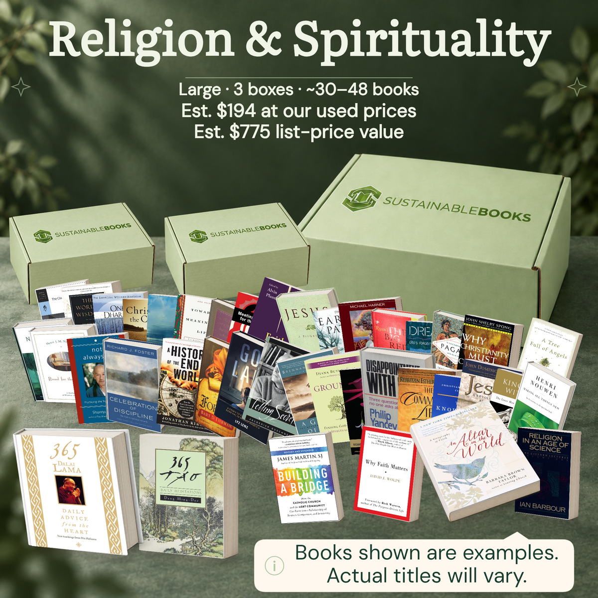 Religion & Spirituality — Large mystery box. Example books; titles and count vary.