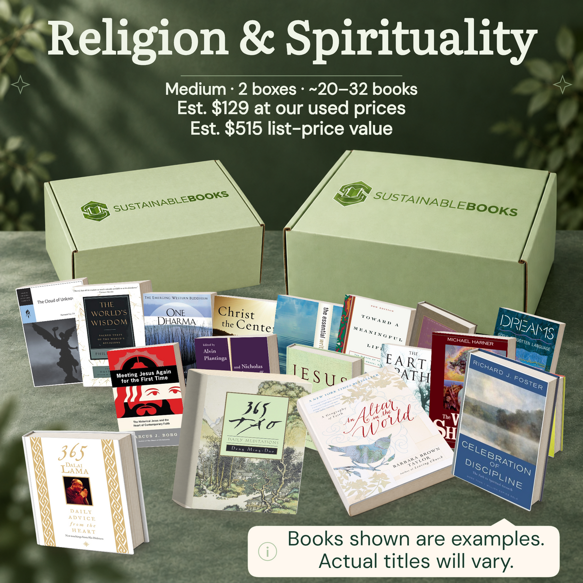 Religion & Spirituality — Medium mystery box. Example books; titles and count vary.