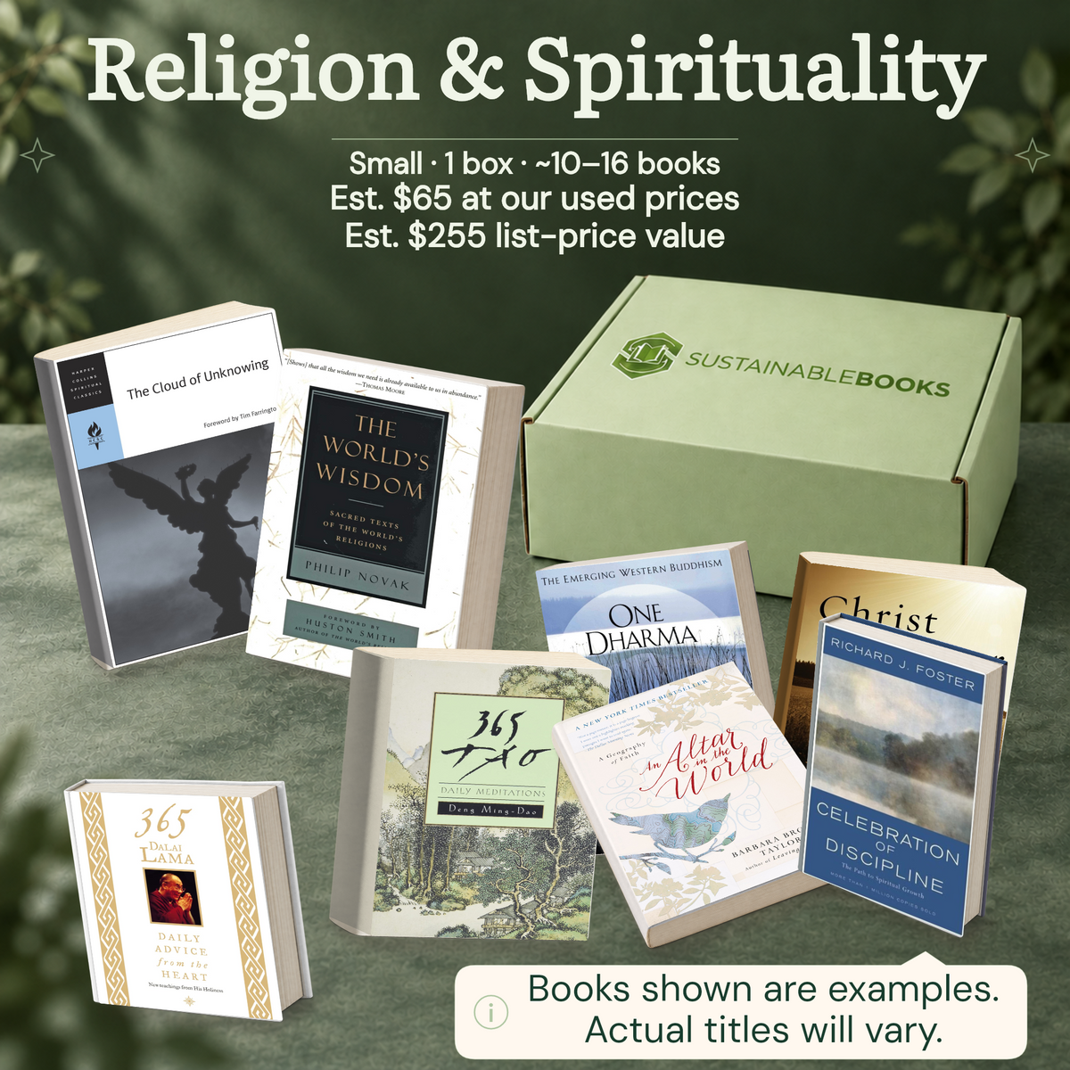 Religion & Spirituality — Small mystery box. Example books; titles and count vary.