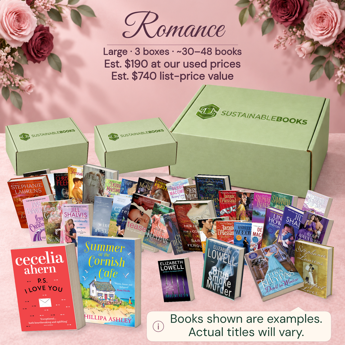 Romance — Large mystery box. Example books; titles and count vary.